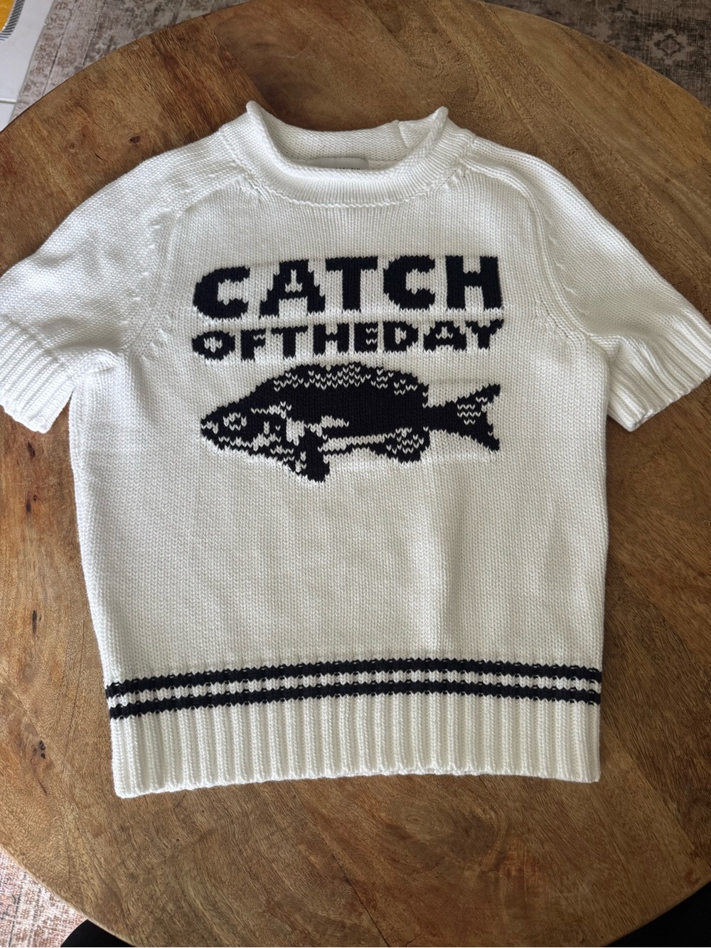 White Short-Sleeve Knit Sweater with Navy Fish Graphic